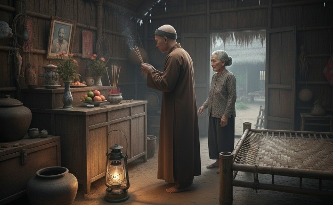 Hình thắp hương trước bàn thờ